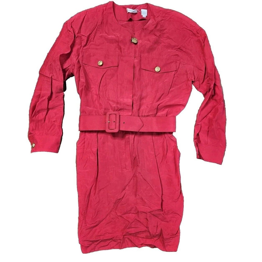 Vintage 80s 90s Ann Taylor Red 100% Silk Midi Dress Sz 10, Long Sleeve, Belted - Picture 1 of 13